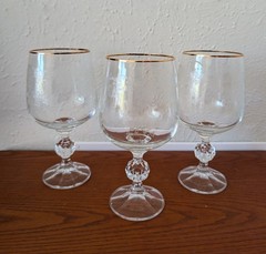 VTG Set of 3 Bohemia Crystal Queens Lace Wine Water Goblets Gold Rim Ball Stem
