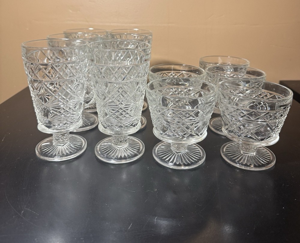 Set of 6 Vintage pressed glass goblets & matching set of 5 champagne/sherbet set