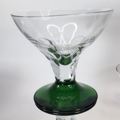 Six MCM Clear Tulip Etched Crystal Bowls W/Green Base Champagne Martini Glasses