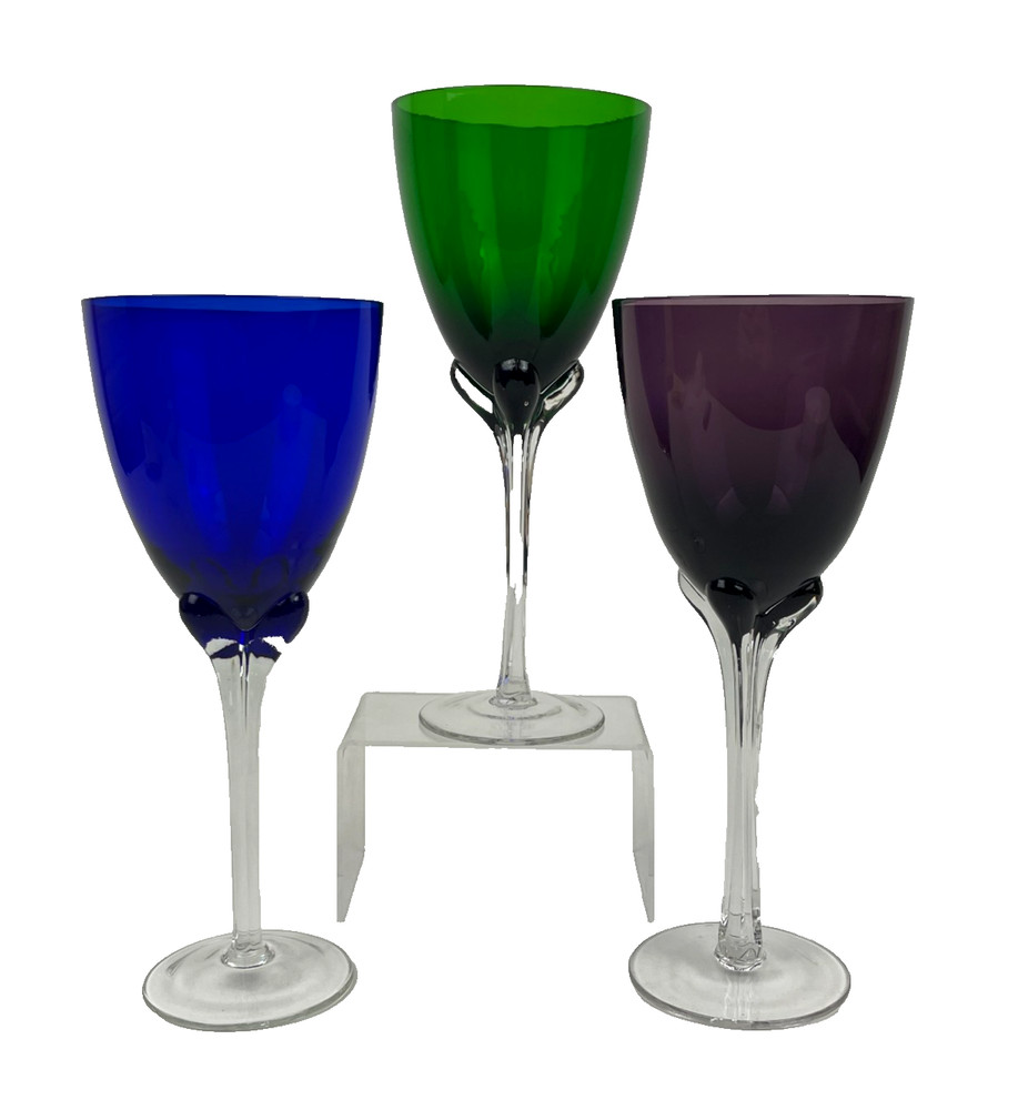 3 MURANO Hand Crafted Tall Long Ribbed Stemmed Wine Glasses Purple Blue Green