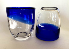 2pcs Vintage Handmade 8oz Art Glass Tumblers Clear w/Cobalt 4in T x 3in W