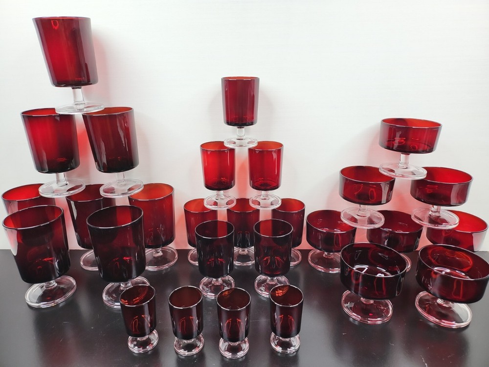 28 Pc Cristal D’Arques Cavalier Ruby Goblet Champagne Wine Cordial Red Glass Lot