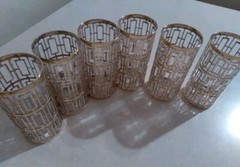 Vintage Mid Century Shoji Trellis Imperial Glass Gold Highball Tumblers Set (6)