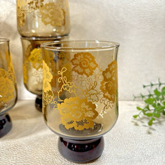 Groovy Smokey Brown Tumbler Glasses With Yellow Flowers Set 6 MCM Stackable