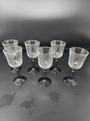 Set 6 Vintage 4.25” Cordial Glasses Swirl Black Stem and Foot signed France
