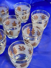 Set of 8 Libbey Golden Foliage Lowball Glasses Gold Rim Frosted 3” 1953-1978