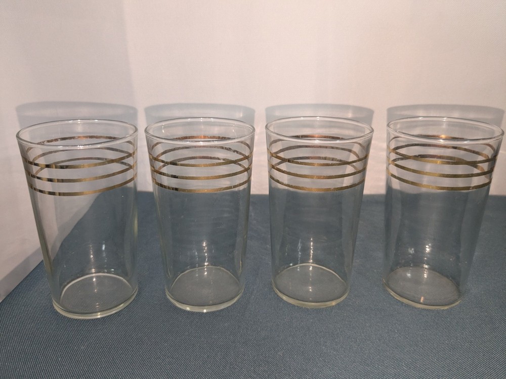 Vintage Gold Rim Tumbler Glasses Clear With Gold Stripes Set of 4