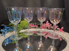 4 Vintage West Virginia Glass IRIDESCENT LUSTER Loop Optic Wine Glasses Set MCM