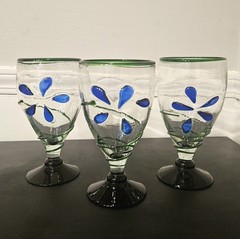 Vintage Hand Blown Art Glasses – Green Rimmed with Blue Flowers