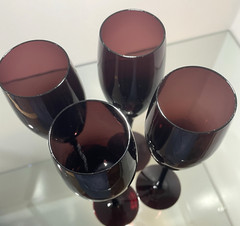 Set of 4 Vintage Champagne Flutes Black Amethyst Purple Glass MCM 9 1/4”T