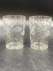 Vintage thin blown orange juice wine Glasses with Etched flowers and Leaves