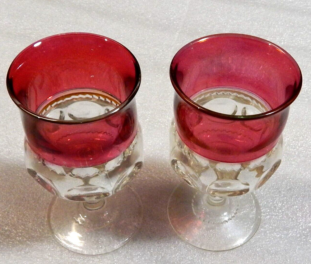 TWO Kings Crown Thumbprint Water Goblets Ruby Flash Stained 5 3/4″