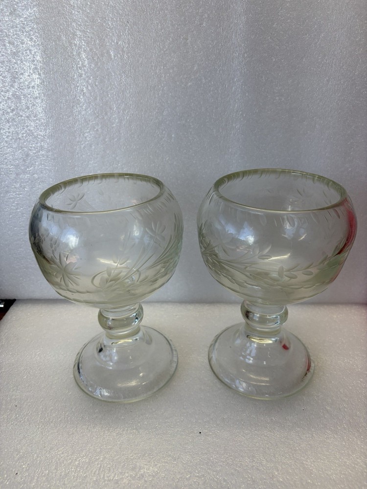 Large Hefty Victorian Etched Pressed Moulded Rummer Glasses (2).