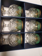 Vintage Czech Bohemian 6 Glass set Hand Cut Green Raised Gold Barware wine Rare