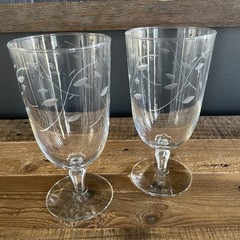 MCM Libbey Set 6.75″ Iced Tea Wine Etched Floral Glass Goblets 9″ Carafe Pitcher