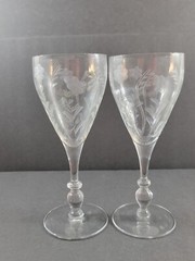 2 Ambassador Sears Water Goblets Etched Gray Cut Floral Ball Stem Optic 7 3/4″
