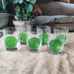 Vtg Art Glass Tumblers 6 Green Applied Cocktail Bar Rooster Sun Nuline Wheaton