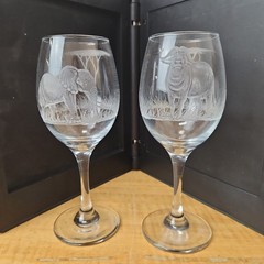 Animal etched wine glasses, SET of 2, Elephant, Buffalo 7 1/2″ unknown mark