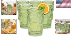 Glassware Set 6 Vintage Ribbed Green Drinking Glasses 13 oz Hand Wash Only