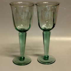 La Mediterranea Recycled Green Glass Goblets Spain Set of 2 Vtg Wide Stemmed Cup