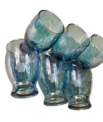 Iridescent Blue Glass Etched Atomic Shooting Star/Flower Stacking Juice Glasses