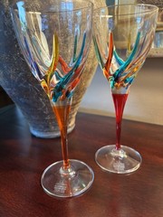 MURANO Wine Glasses Rainbow Swirl Pattern 8-1/8” Tall, Set of 6 CC ZECC 10 oz ea