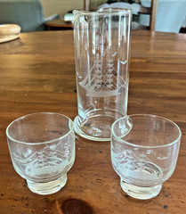 VTG Javit Clipper Ship Collection Glass Barware Set Etched Carafe & 2 Glasses