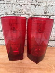 2 Vtg RED Thick Acrylic 24oz DRINKING TUMBLERS Round Square Bottoms MCM Taiwan