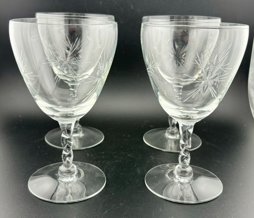 Vintage Etched Star Pattern Water/Wine Goblets Twisted Stems Set of 4