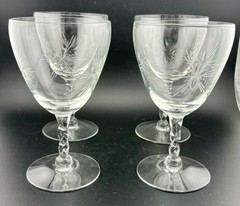 Vintage Etched Star Pattern Water/Wine Goblets Twisted Stems Set of 4