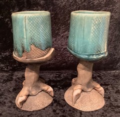 Vintage Pair (2) Richard Marshall Pottery Dragon Woo Claw Foot Goblets 7.5”
