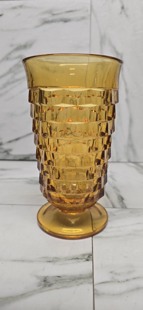 Vintage Indiana Glass Whitehall Cubist Amber Footed Glass Tumbler (2 Part Mold)
