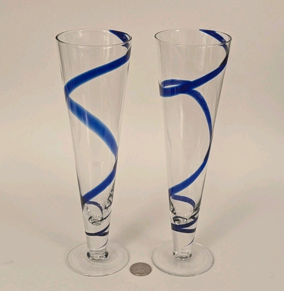Set 2 Pier 1 BLUE SWIRL SWIRLINE Ribbon Tall Cocktail Champagne Glasses 10 1/8″