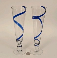 Set 2 Pier 1 BLUE SWIRL SWIRLINE Ribbon Tall Cocktail Champagne Glasses 10 1/8″