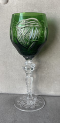 Signed Celtic Crystal Wine Hock Glass Cut To Clear Emerald Green 7.75″