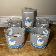 Vintage Libbey Frosted Country Goose Glasses Set Of 5 Blue Ribbon Bow Tumblers