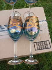 Murano Prezioni Italian Wine Glasses Blue/W 24k Hand Applied Accent Set Of 6 New