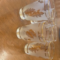 Set of 5 Clear Gold Leaf Pattern Elegant Glass Tumblers, Floral Design