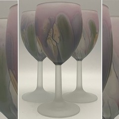 Rueven Art Glass Hand Painted 3pc Lavender Wine Glasses France 7.25″t 10oz