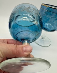 2 Vintage Bartlett Collins Vining Blue Glass Goblets Thumb Print Gold Trim
