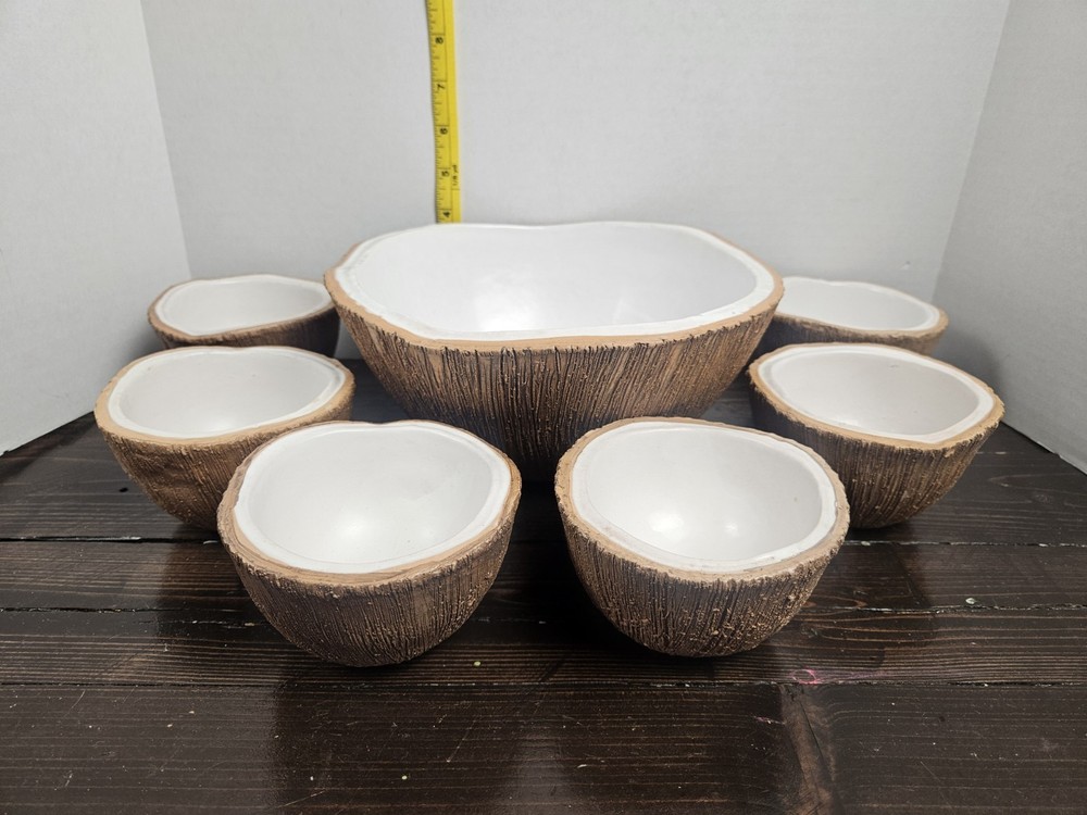 Vintage Ed Langbein Ceramic 7 Piece Coconut Tiki PUNCH BOWL & Mugs Made in Italy