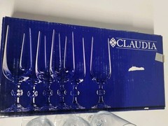 NIB 6 Bohemian Crystal Diamond Ball Stem Champagne Flutes Vintage Czechoslavakia