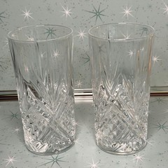 Set of 2 Crystal Highball Glasses Cut Starburst Pattern Vintage Barware 6 inches
