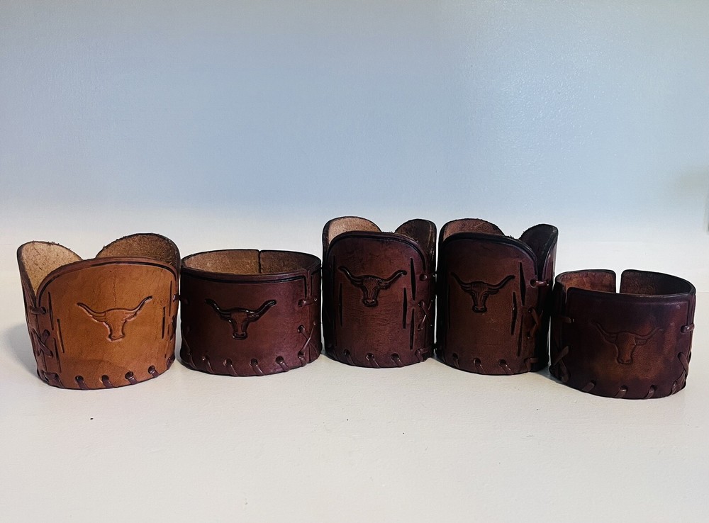 5 Vintage Libbey BAMCO Tooled Leather Western Cowboy Steer Barware Sleeves