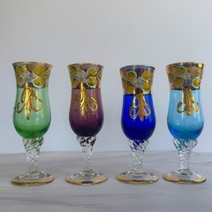 Vintage Murano Style Hand Blown Cordial Glasses Set 4 Venetian Gold Gilt MCM