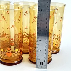 5 Libbey Franco Amber Floral & Hearts Glasses 1970’s MCM Drinkware Kitsch 6”