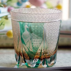 Whisky Glass Japan Style Cut Crystal Edo Kiriko Glass Tumbler Green Peacock 11oz