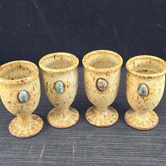 Vtg 4″ Studio Pottery Goblets, Shot Size Set 4 Signed Stoneware Turquoise Stone
