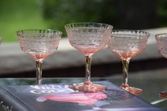 Antique Needle Etched PINK Cocktail ~ Martini Glasses, circa 1920’s Coupes