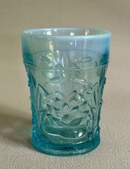 Antique Fenton Blue Opalescent Glass Tumbler ‘Waterlily & Cattail’ Pattern